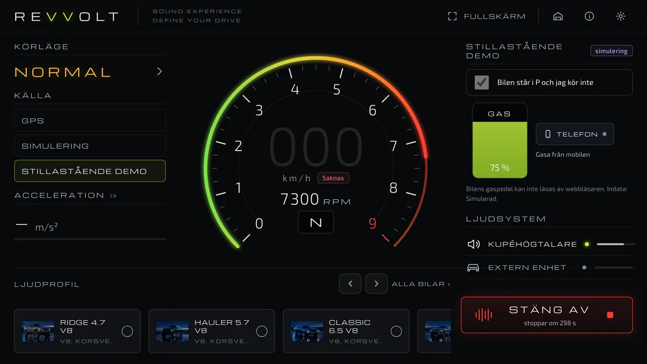 Revvolt's instrument view with rev counter, speed and engine selection