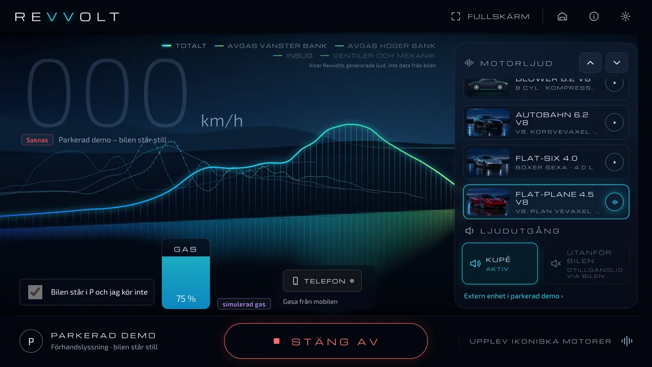 Revvolt's sound wave view with a large speed readout and a living sound wave